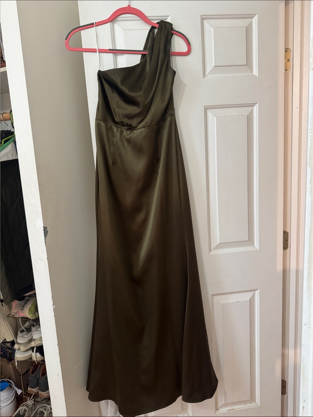 Lulu's Olive One-Shoulder Satin Gown